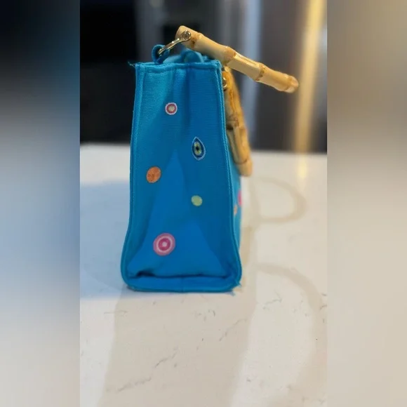 Tianni Bamboo Handle Vibrant Blue and Yellow Tote with Playful Design - Picture 3 of 10